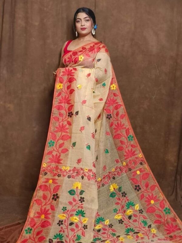 Reddish Orange Soft Lota Jamdani Sari