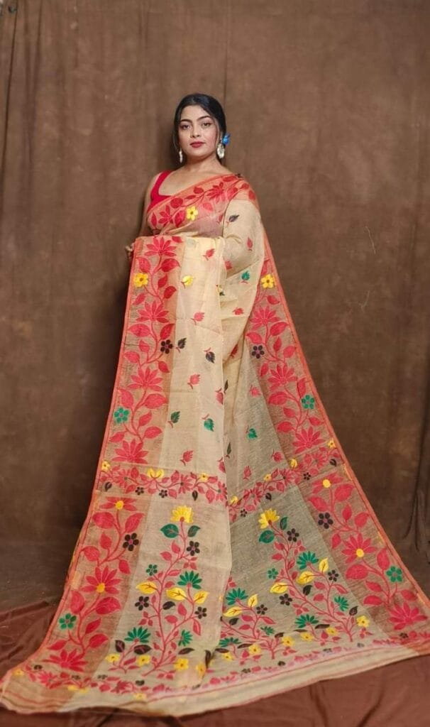 Reddish Orange Soft Lota Jamdani Sari