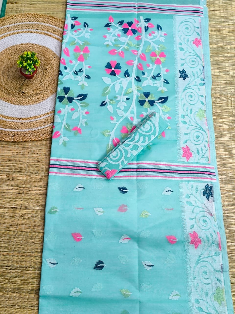 Tiffany Blue Soft Dhakai Jamdani Saree 1 Tiffany Blue Soft Dhakai Jamdani Saree