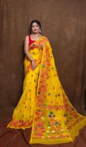 Yellow Red Soft Lota Jamdani Saree - Image 4