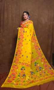Yellow Red Soft Lota Jamdani Saree - Image 2