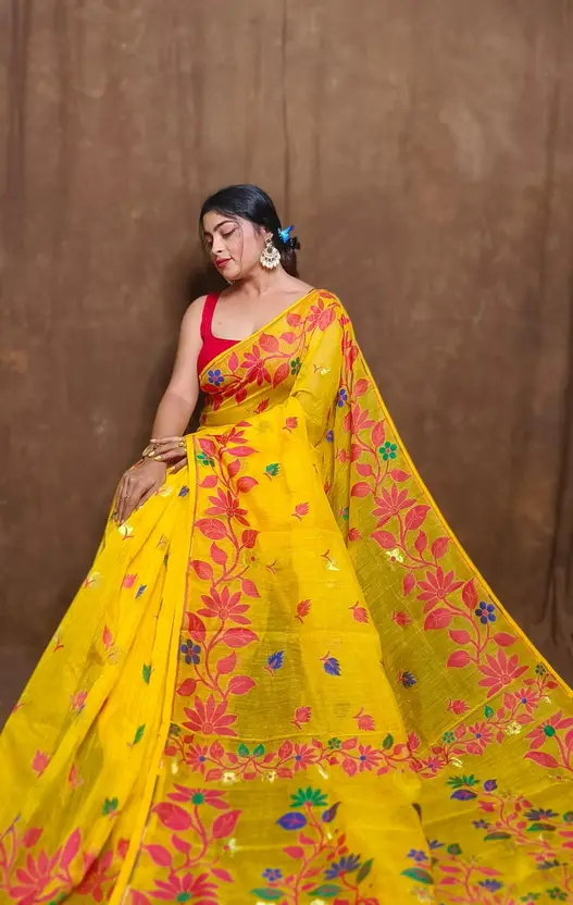 Yellow Red Soft Lota Jamdani Saree 3 Yellow Red Soft Lota Jamdani Saree - Image 3