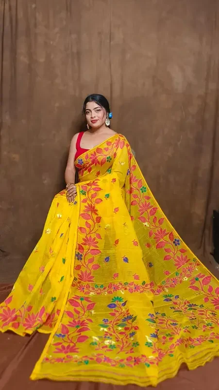 Yellow Red Soft Lota Jamdani Saree