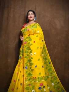 Yellow Green Soft Lota Jamdani Saree - Image 2