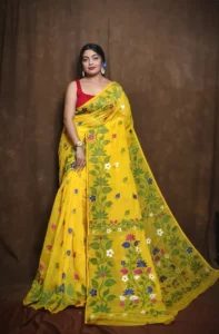 Yellow Green Soft Lota Jamdani Saree - Image 3