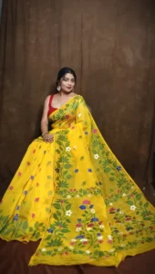 Yellow Green Soft Lota Jamdani Saree - Image 4