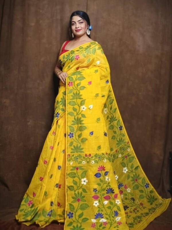 Yellow Soft Lota Jamdani Saree