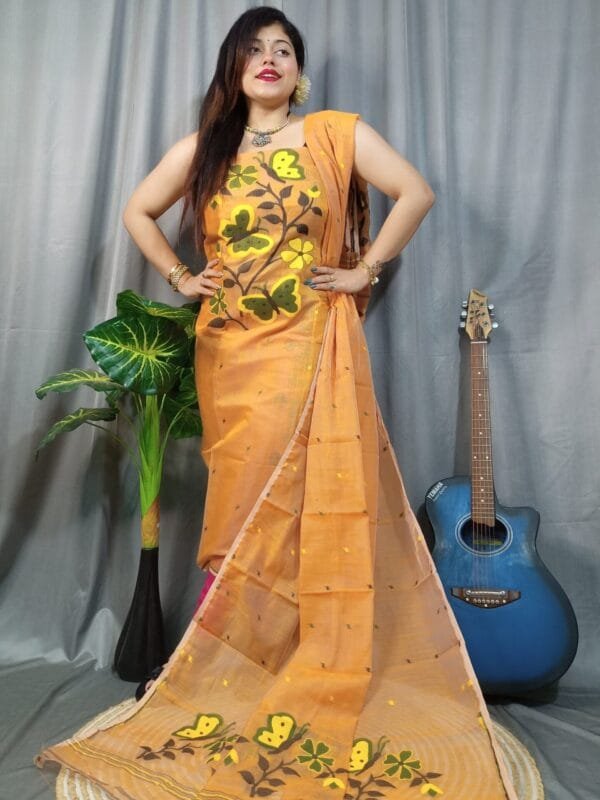 Butterfly Apricot Muga Cotton Unstitched Jamdani Kurti Set