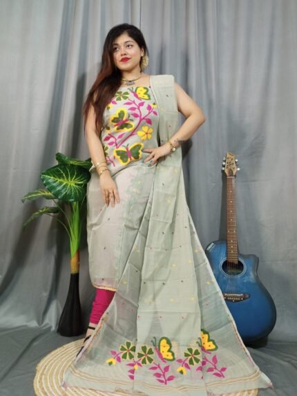 Butterfly Ash Muga Cotton Unstitched Jamdani Kurti Set