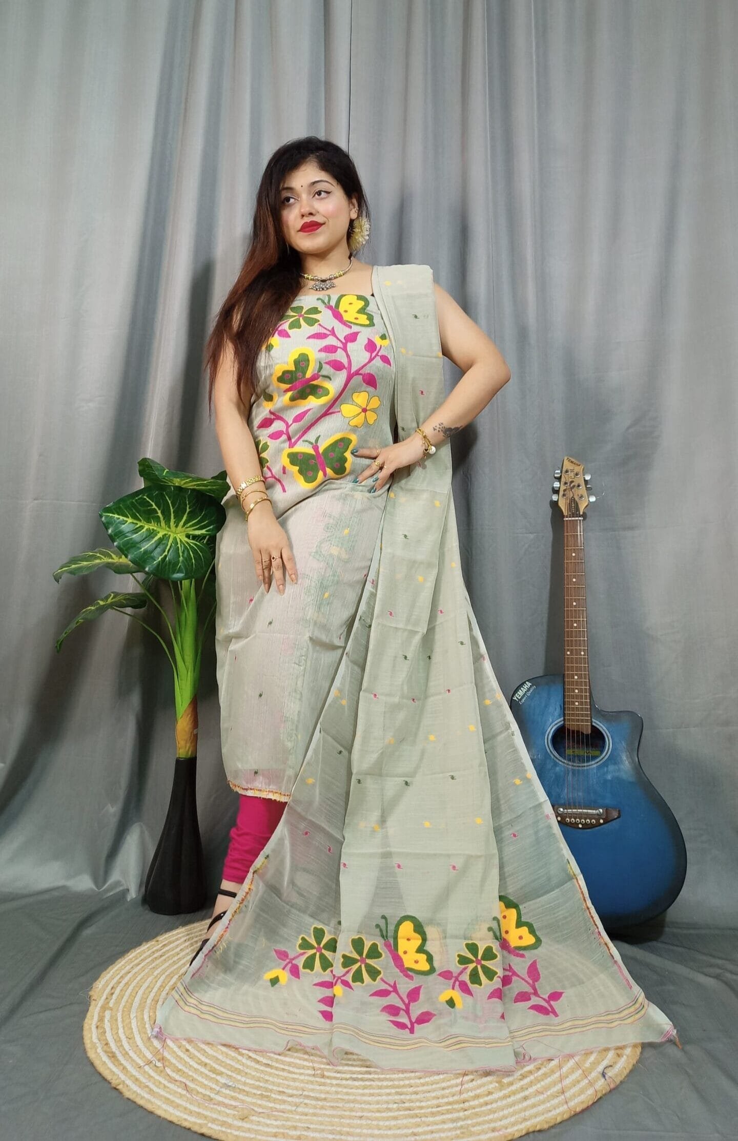 Butterfly Ash Muga Cotton Unstitched Jamdani Kurti Set 1 Butterfly Ash Muga Cotton Unstitched Jamdani Kurti Set