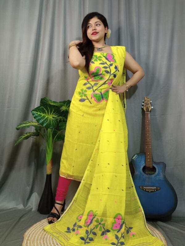Butterfly Banana Yellow Muga Cotton Unstitched Jamdani Kurti Set