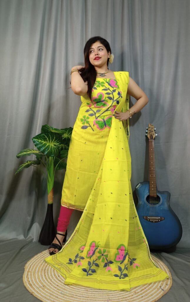 Butterfly Banana Yellow Muga Cotton Unstitched Jamdani Kurti Set