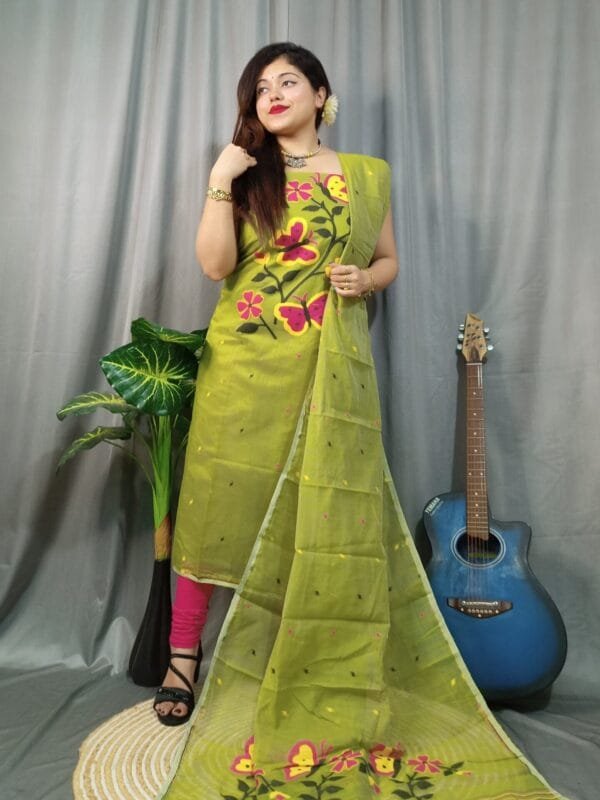 Butterfly Brass Muga Cotton Unstitched Jamdani Kurti Set