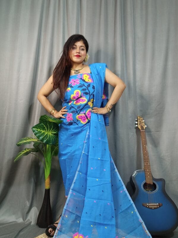 Butterfly Blue Muga Cotton Unstitched Jamdani Kurti Set
