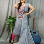 Butterfly Cool Grey Muga Cotton Unstitched Jamdani Kurti Set