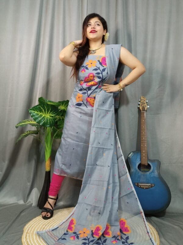 Butterfly Cool Grey Muga Cotton Unstitched Jamdani Kurti Set
