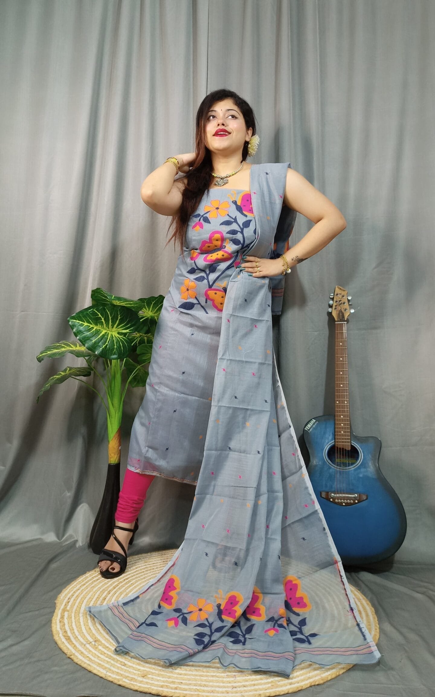 Butterfly Cool Grey Muga Cotton Unstitched Jamdani Kurti Set 1 Butterfly Cool Grey Muga Cotton Unstitched Jamdani Kurti Set