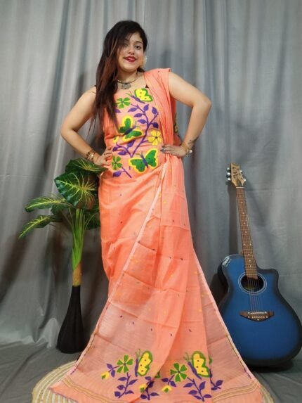 Butterfly Dark Salmon Muga Cotton Unstitched Jamdani Kurti Set