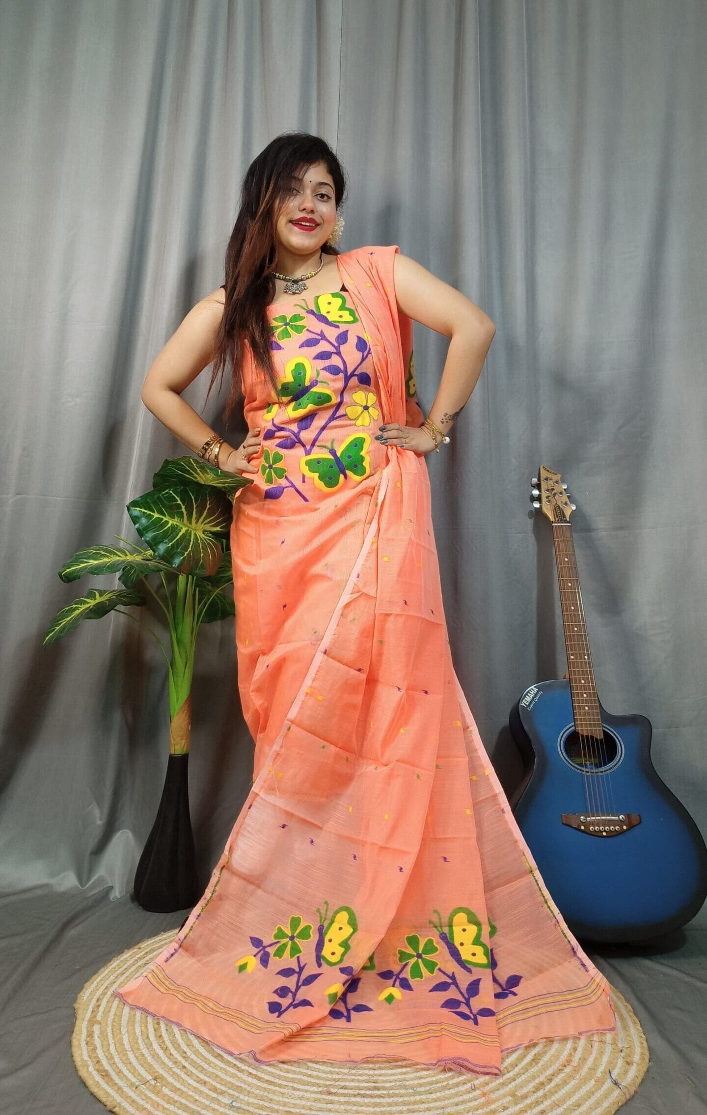 Butterfly Dark Salmon Muga Cotton Unstitched Jamdani Kurti Set 1 Butterfly Dark Salmon Muga Cotton Unstitched Jamdani Kurti Set