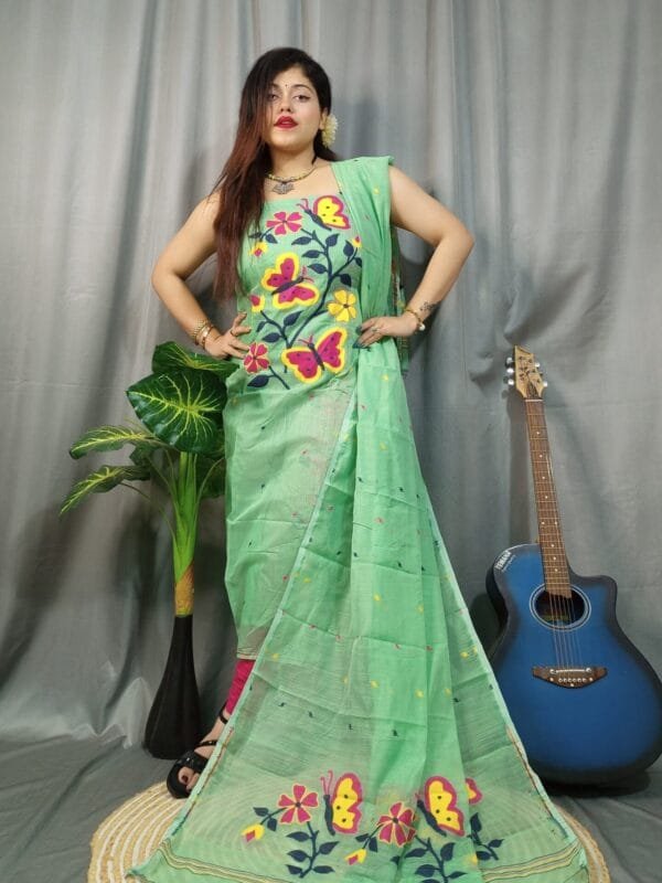Butterfly Frog Green Muga Cotton Unstitched Jamdani Kurti Set