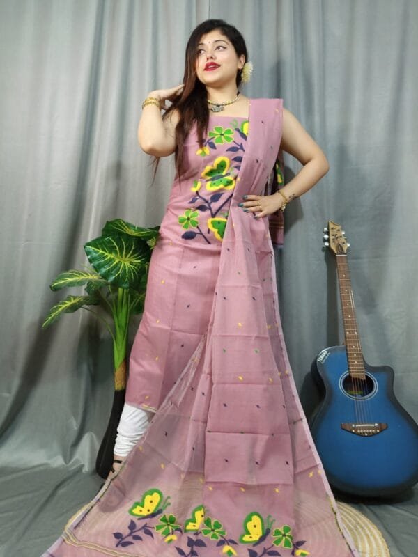 Butterfly Greyish Pink Muga Cotton Unstitched Jamdani Kurti Set
