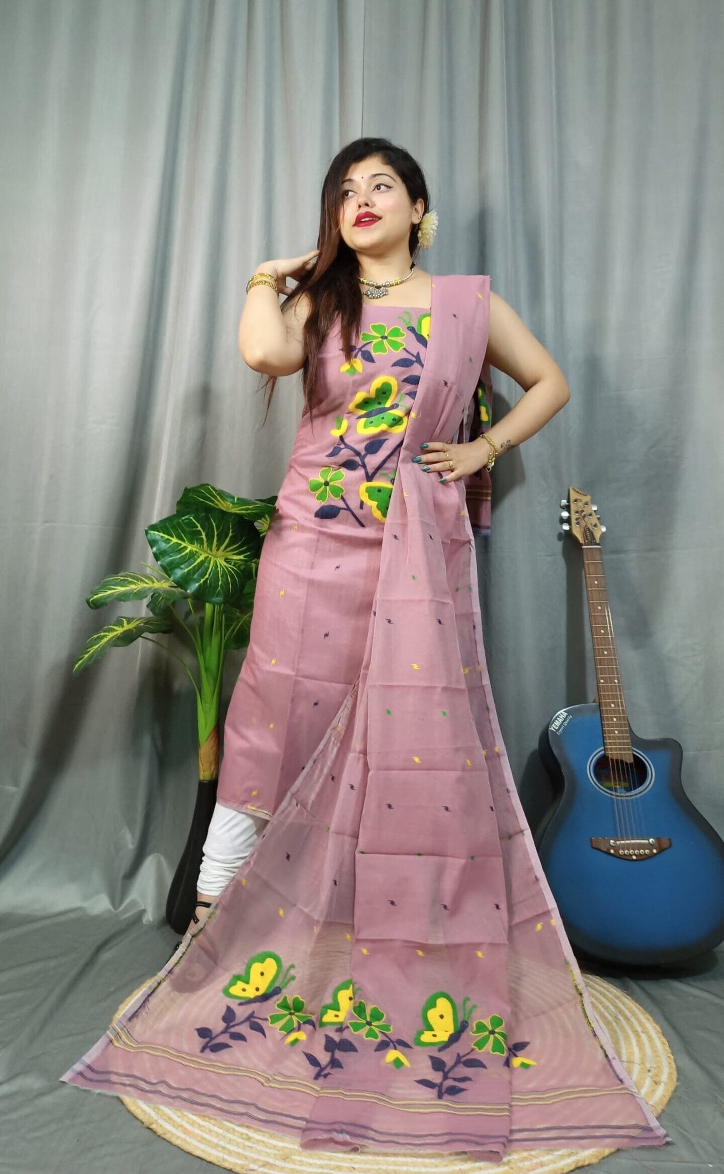 Butterfly Greyish Pink Muga Cotton Unstitched Jamdani Kurti Set 1 Butterfly Greyish Pink Muga Cotton Unstitched Jamdani Kurti Set