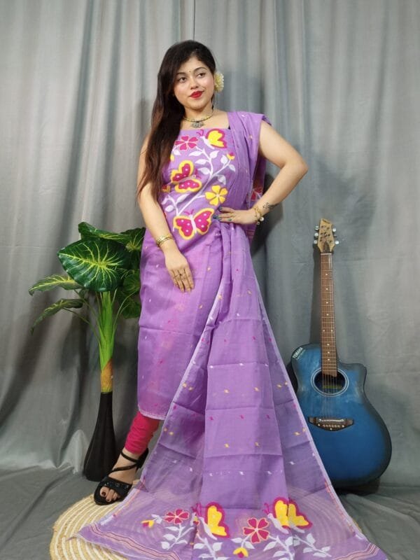 Butterfly Light Purple Muga Cotton Unstitched Jamdani Kurti Set