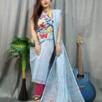 Butterfly Pale Aqua Muga Cotton Unstitched Jamdani Kurti Set