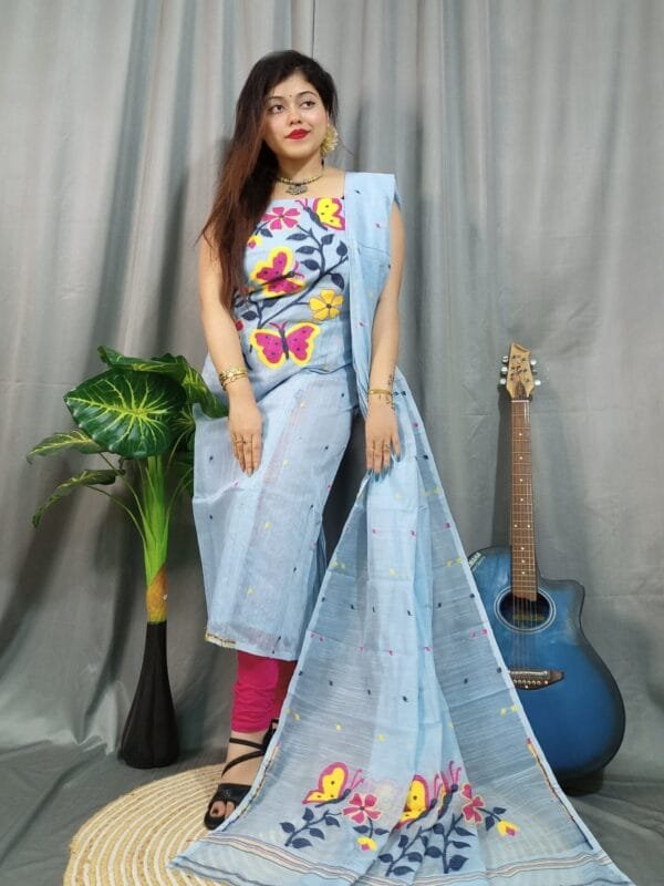 Butterfly Pale Aqua Muga Cotton Unstitched Jamdani Kurti Set