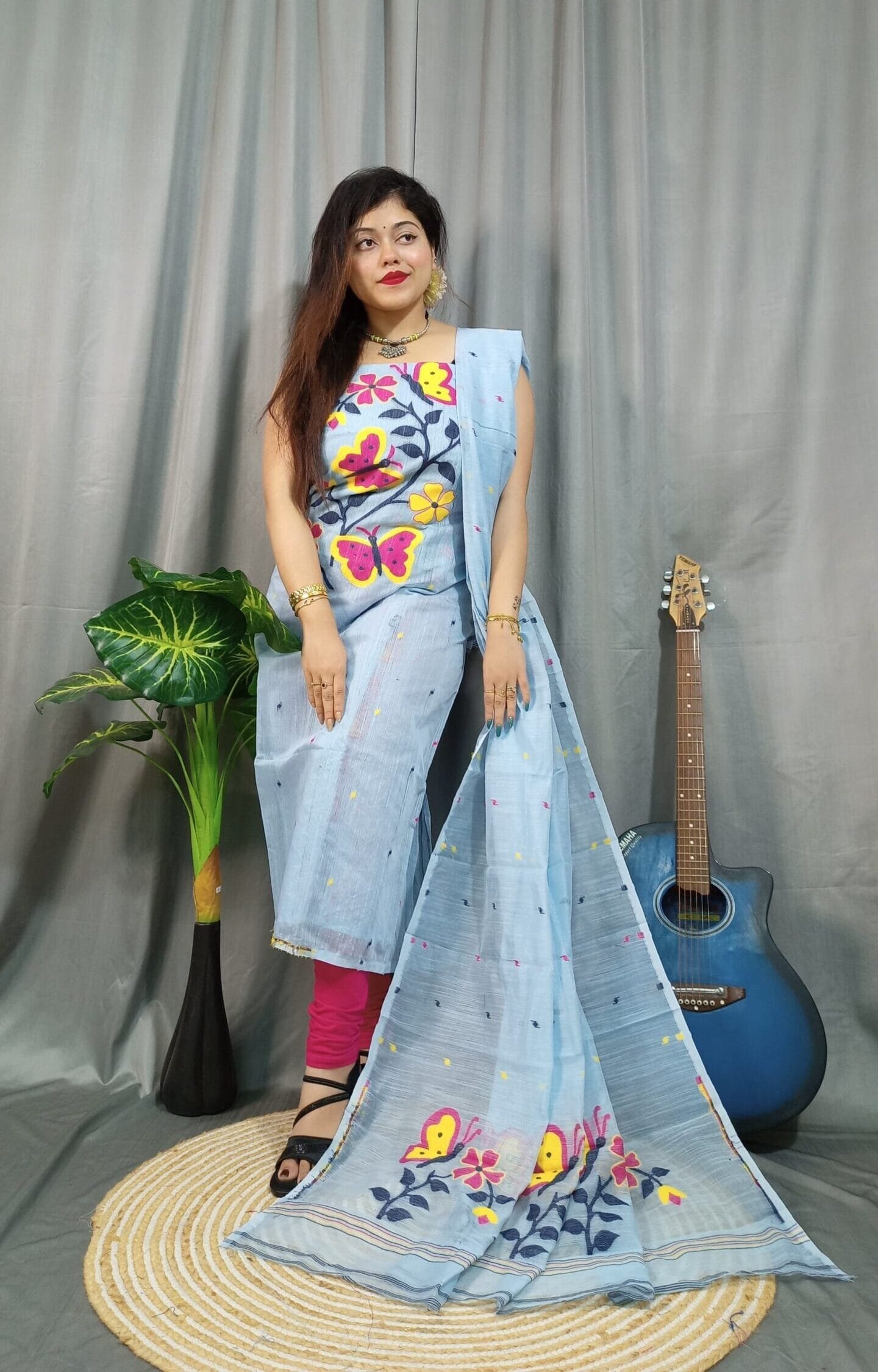 Butterfly Pale Aqua Muga Cotton Unstitched Jamdani Kurti Set 1 Butterfly Pale Aqua Muga Cotton Unstitched Jamdani Kurti Set