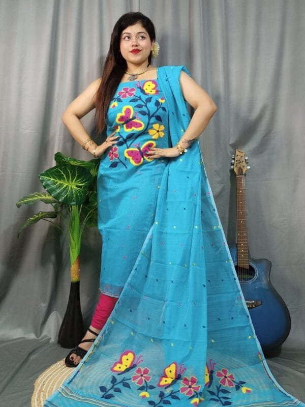 Butterfly Picton Blue Muga Cotton Unstitched Jamdani Kurti Set