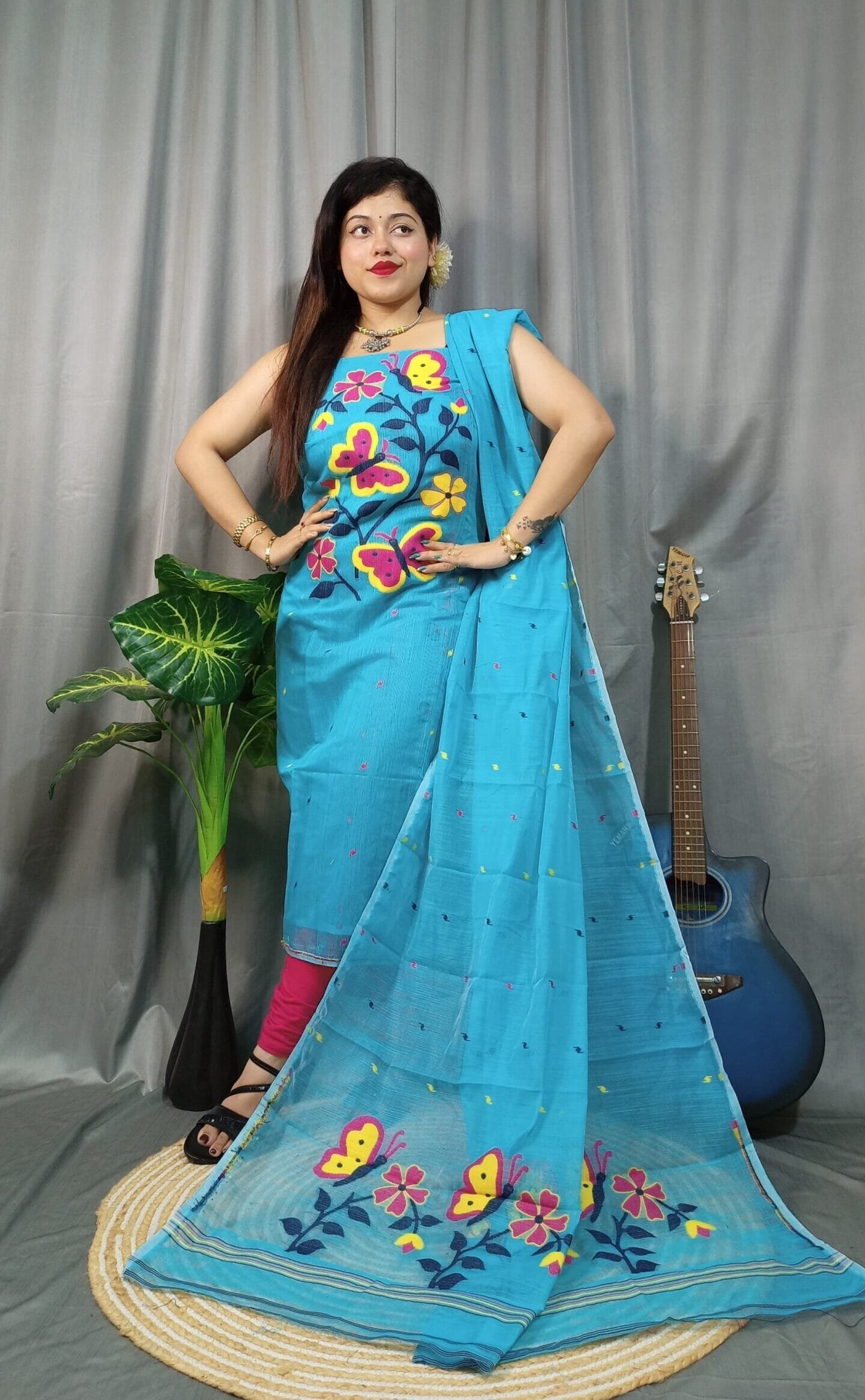 Butterfly Picton Blue Muga Cotton Unstitched Jamdani Kurti Set 1 Butterfly Picton Blue Muga Cotton Unstitched Jamdani Kurti Set