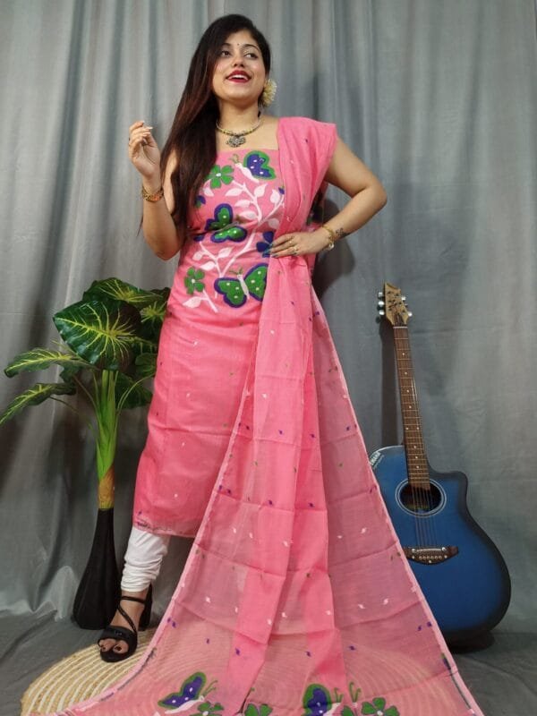 Butterfly Rose Pink Muga Cotton Unstitched Jamdani Kurti Set