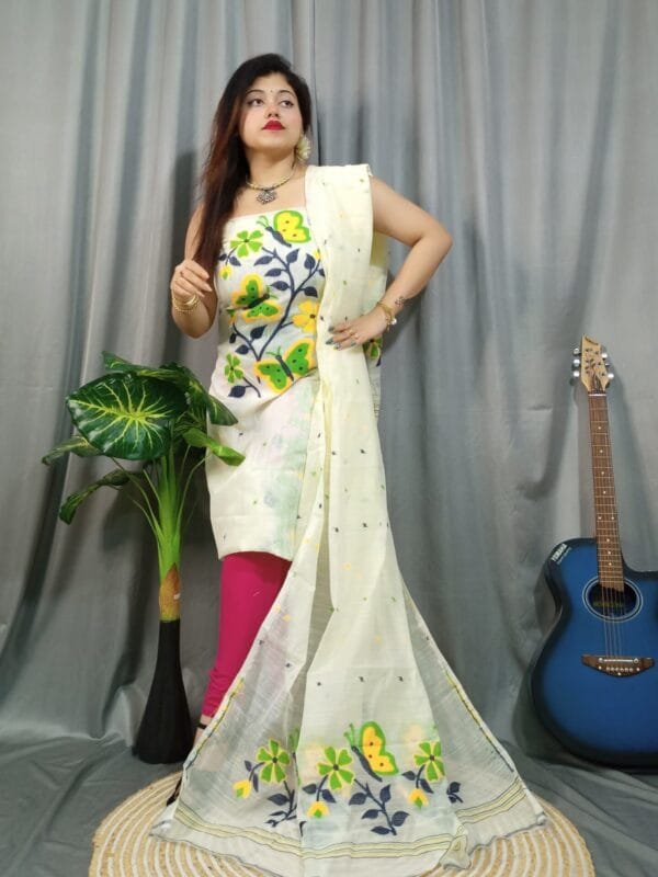 Butterfly White Rock Muga Cotton Unstitched Jamdani Kurti Set