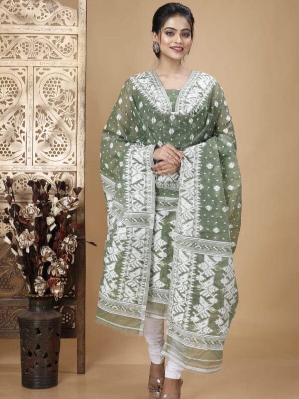 Ikkat Cactus Muga Cotton Unstitched Jamdani Suit Set