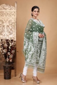 Ikkat Cactus Muga Cotton Unstitched Jamdani Suit Set