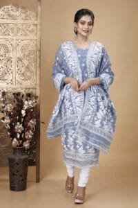 Ikkat Cadet Grey Muga Cotton Unstitched Jamdani Suit Set