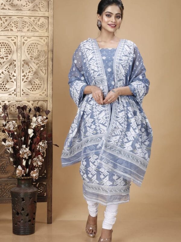 Ikkat Cadet Grey Muga Cotton Unstitched Jamdani Suit Set