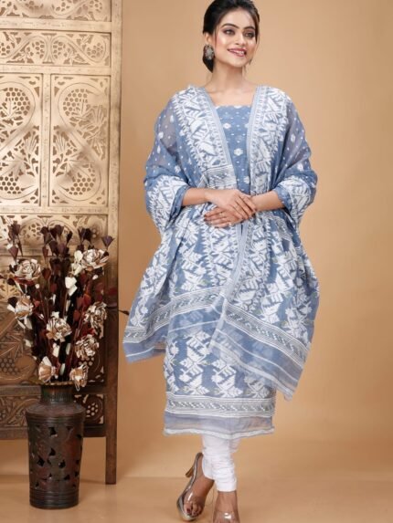 Ikkat Cadet Grey Muga Cotton Unstitched Jamdani Suit Set