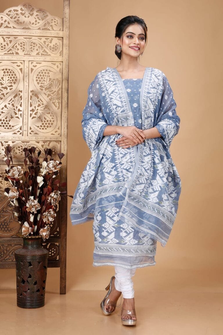 Ikkat Cadet Grey Muga Cotton Unstitched Jamdani Suit Set