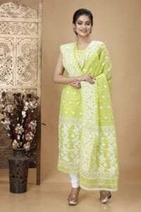 Ikkat Greenish Beige Muga Cotton Unstitched Jamdani Suit Set