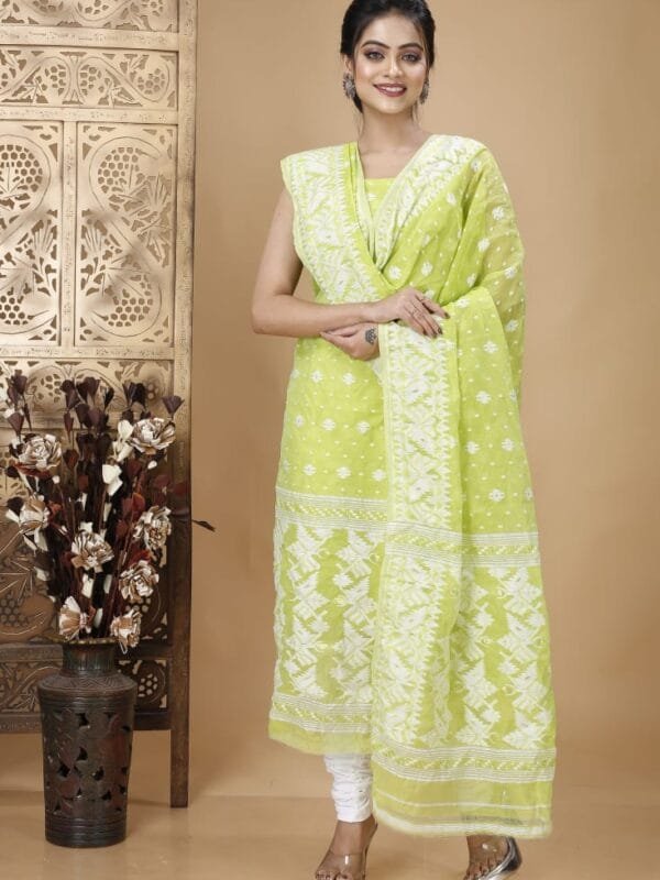 Ikkat Greenish Beige Muga Cotton Unstitched Jamdani Suit Set