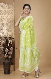 Ikkat Greenish Beige Muga Cotton Unstitched Jamdani Suit Set