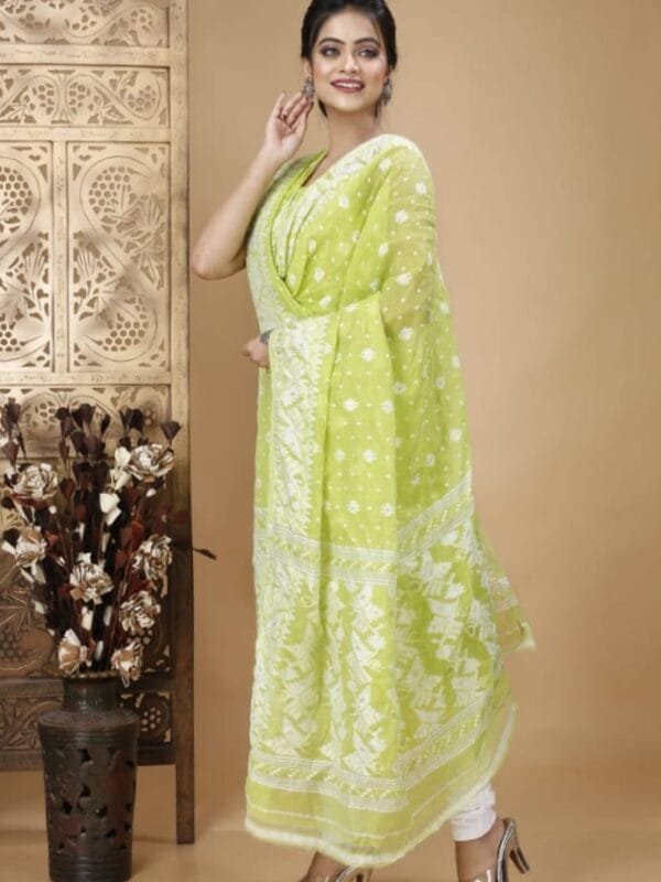 Ikkat Greenish Beige Muga Cotton Unstitched Jamdani Suit Set