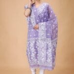 Ikkat Light Purple Muga Cotton Unstitched Jamdani Suit Set