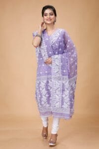 Ikkat Light Purple Muga Cotton Unstitched Jamdani Suit Set