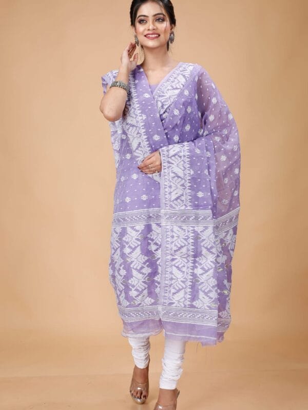 Ikkat Light Purple Muga Cotton Unstitched Jamdani Suit Set