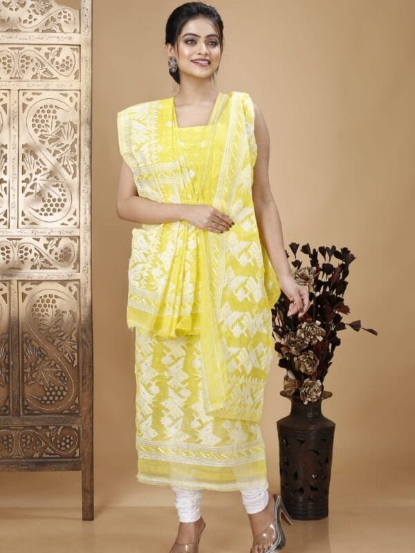 Ikkat Light Yellow Muga Cotton Unstitched Jamdani Suit Set