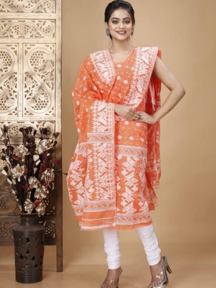 Ikkat Orange Muga Cotton Unstitched Jamdani Suit Set