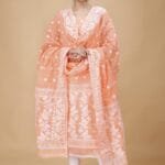 Ikkat Orange Salmon Muga Cotton Unstitched Jamdani Suit Set